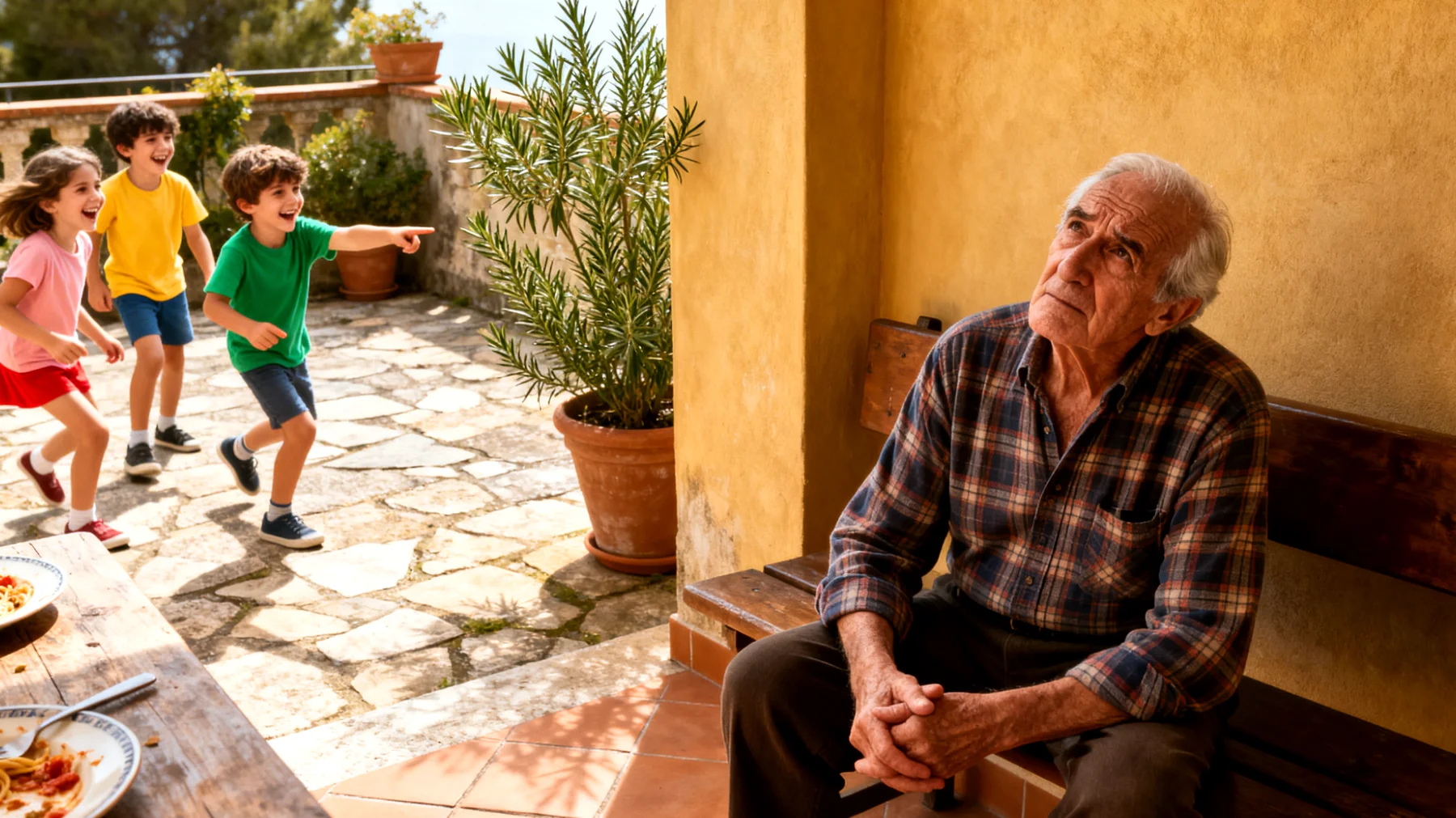 Il nonno fatica a relazionarsi con i nipoti bambini a causa di visioni educative molto diverse da quelle dei genitori, creando incomprensioni e distanza nel rapporto"